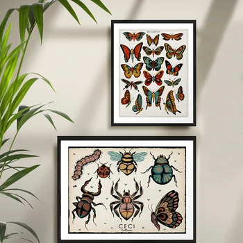 Palaeobios צמח רטרו פוסטר פרחים בעלי חיים חרקים פרפר עכביש בד ציור קיר אמנות בד ציור שמן לעיצוב הבית