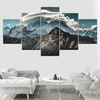 בד הציור סלון עיצוב הבית 5 חתיכות עננים לבנים ושלג בהרים תמונות HD הדפסים כרזות מודולרי אמנות קיר מסגרת