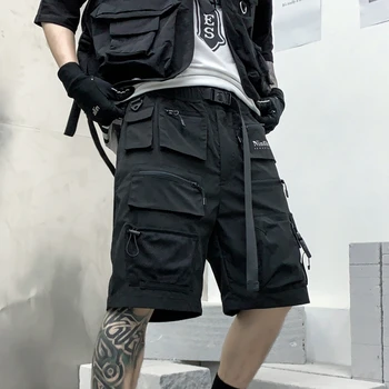טקטי מכנסיים קצרים עם חגורה Mens Harajuku מזדמן Techwear קצרים אופנת רחוב בגדי גבר היפ הופ קצרה, מכנסי ברמודה Homme