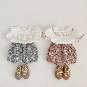 קיץ בגדי תינוקות בנות אופנה מגוונים כותנה עם שרוולים קצרים התינוק חולצה+פרחוני מכנסי שני חלקים ילדה חליפה