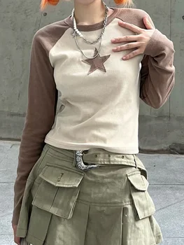 Deeptown Y2k גראנג גרפי חולצות נשים אמריקן וינטג ' כוכב אופנת רחוב סקסית יבול מקסימום נקבה Harajuku Kpop שרוול ארוך Tees