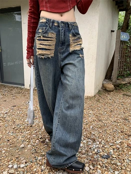 בציר ישר ג 'ינס נשים רופף נקרע מכנסי ג' ינס 2023 מזדמן רחב הרגל המכנסיים אמא אופנת רחוב ג ' ינס נשי מכנסיים דה Mujer