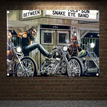 רטרו רוכבי אופנוע כביש מירוץ רכב מנועיים באנרים דגל קיר אמנות אמריקאית פוסטר המוסך בד הציור פאב בר קיר בעיצוב הבית
