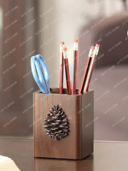 יצירתי מחזיק עט מעץ מלא האמריקאי רטרו עץ מברשת איפור שולחן העבודה תיבת אחסון ציוד משרדי לעסקים מתנה התאמה אישית
