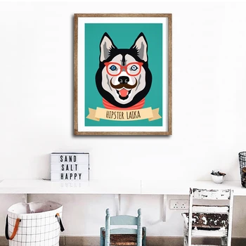 בעלי חיים קריקטורה אמנות בד להדפיס ציור הפוסטר , כלב האסקי תמונות קיר לילדים עיצוב חדר קישוט הבית
