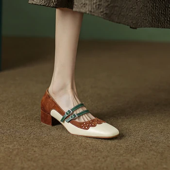 נשים פשוט נעליים אביב סתיו טלאים אבזם משאבות פרה עקבים גבוהים מעורב צבע מרי ג ' יין ליידי מזדמנים נעלי הליכה