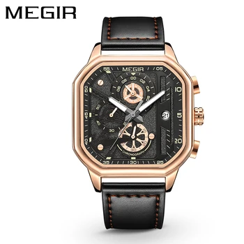 MEGIR גברים של שעון מרובע עם העסק אנלוגי קוורץ הכרונוגרף זוהר ספורט שעון היד מתנות מקוריות רצועת עור 8106G