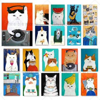 קריקטורה מצחיק חמוד חתול שותה,תספורת,לנגן בגיטרה,די. ג ' יי חתול אמנות פוסטר בד ציור קיר טביעות אצבעות תמונה לחדר עיצוב הבית