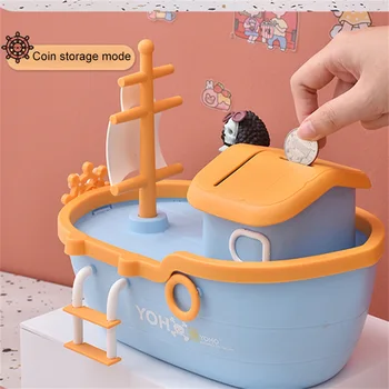 קריקטורה הסירה כסף קופסאות מפרש כסף בנק ארנב /ספינת פיראטים קופת עם מפתח בנק מטבע צעצוע מתנות יום הולדת חיסכון קופסא