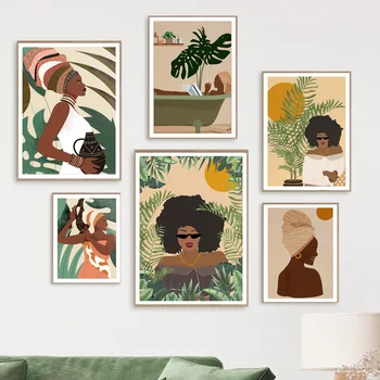 בוהו אישה שחורה קנקן אתניות אפריקאיות טרופי קיר אמנות בד הציור נורדי פוסטרים הדפסים תמונות קיר הסלון עיצוב
