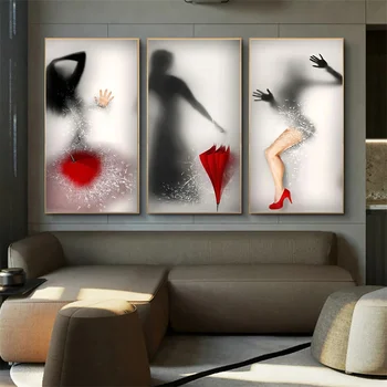השתקפות של רזה סקסית אישה זכוכית שבורה הדפסי בד ציור קיר אמנות המטריה האדומה עקבים גבוהים התמונה הביתה קיר בעיצוב