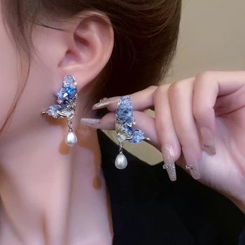 אלגנטית קוריאנית ריינסטון פרפר עגיל אופנה תליון פנינה נשים מסיבה תכשיטים האוזן אביזרים בנות מתנה