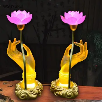 צבעוני לוטוס המנורה בודהה מנורת שולחן מציע בודהה חיסכון באנרגיה בצבע זיגוג לוטוס זמן אור הפרח לפני בודהה הביתה