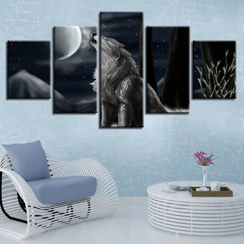 אמנות הקיר פוסטר בעיצוב בית בד מודרני 5 לוח הירח זאב לילה השקפה הסלון HD הדפסה ציור תמונות מסגרת מודולרית