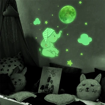 פיל תינוק ירח זוהר מדבקת קיר עבור חדר ילדים חדר שינה קישוט הבית מדבקות זוהר בחושך בשילוב מדבקות
