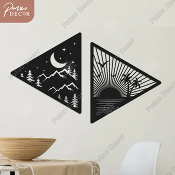 Putuo עיצוב משולש עץ הירח השמש קיר בעיצוב לוח אמנות מודרנית סימנים Moutian יער עץ תלוי על סלון הבית מתנה