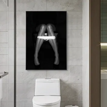 סקסי בחורה על האסלה פוסטר שחור ולבן נשים בד ציור קיר אמנות רחצה קישוט חדר אמבטיה עיצוב הבית תמונה