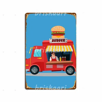 אוכל רחוב הרעיון עם המבורגר משאית מזון והמוכר מתכת סימנים קיר הפאב ציור עיצוב רטרו קולנוע מתכת פוסטרים