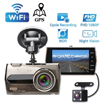 דאש מצלמת רכב DVR-WiFi 4.0 אינץ ' באיכות Full HD 1080P מצלמה אחורית מקליט וידאו ראיית הלילה הקופסה השחורה Dashcam אוטומטי DVRs GPS Tracker
