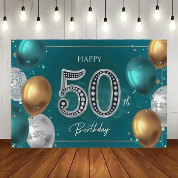 שמח ליום ההולדת ה-50 באנר רקע ירוק זהב כסף בלון גבר אישה מסיבת בת 50 צילום רקע פוסטר