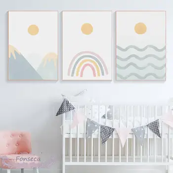 קריקטורה הגלים השמש בענן הר כרזות והדפסים נורדי ילדים בד ציור קיר אמנות תמונות עבור עיצוב חדר תינוק