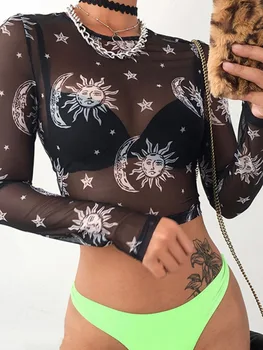 2023 נשים סקסי Harajuku רשת חולצות שרוול ארוך לראות דרך חולצה שקופה השמש הירח כוכב להדפיס חולצה Femininas Clubwear