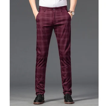 2023 הבריטי החדש משובץ גברים של מכנסיים אופנה עסקים כותנה מכנסיים מקרית Slim Fit ישר חבית שחור כחול אדום חליפת מכנסיים
