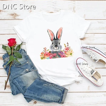 חדש חולצת טי נשים חמוד ארנב מצחיק פרחים קריקטורה מודפסת Camiseta Mujer חולצת טי אופנה באיכות גבוהה נשי חולצת מקסימום