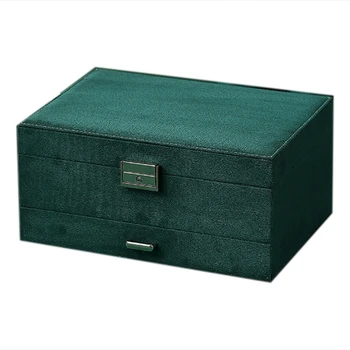 שלוש שכבה חדשה בציר פלנל קופסת תכשיטים עגילים עגילים טבעות תכשיטי שרשרת תיבת אחסון ירוק כהה.
