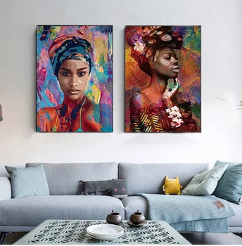תקציר אפריקה ילדה בד ציור שמן צבעוני נשים דיוקן פוסטרים, הדפסי אמנות קיר הסלון עיצוב הבית Cuadros