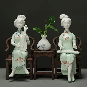 עבודת יד, קרמיקה קישוטים מלאכת יד בציר נשים סינית פסל עתיק העוזרת פסל סידור פרחים לקישוט הבית