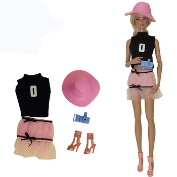 NK 5 פריטים/סט אופנה משרד תלבושת חולצה שחורה+ כובע+מצלמה+נעליים+השמלה המודרנית בגדים עבור ברבי בובות צעצועים אביזרים