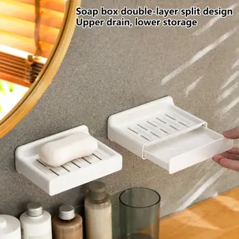 סבון תיבת אחסון נתיק קיר רכוב סבון מגש שכבה כפולה עם חור ניקוז הגבהה מהירה ניקוז סבון מתלה שימוש יומיומי