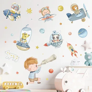 קריקטורה בעלי חיים טייס מדבקות קיר לחדר ילדים קישוט ויניל חלל אסטרונאוט מדבקות קיר לילדים, חדר ילדים חדר שינה חדר ילדים